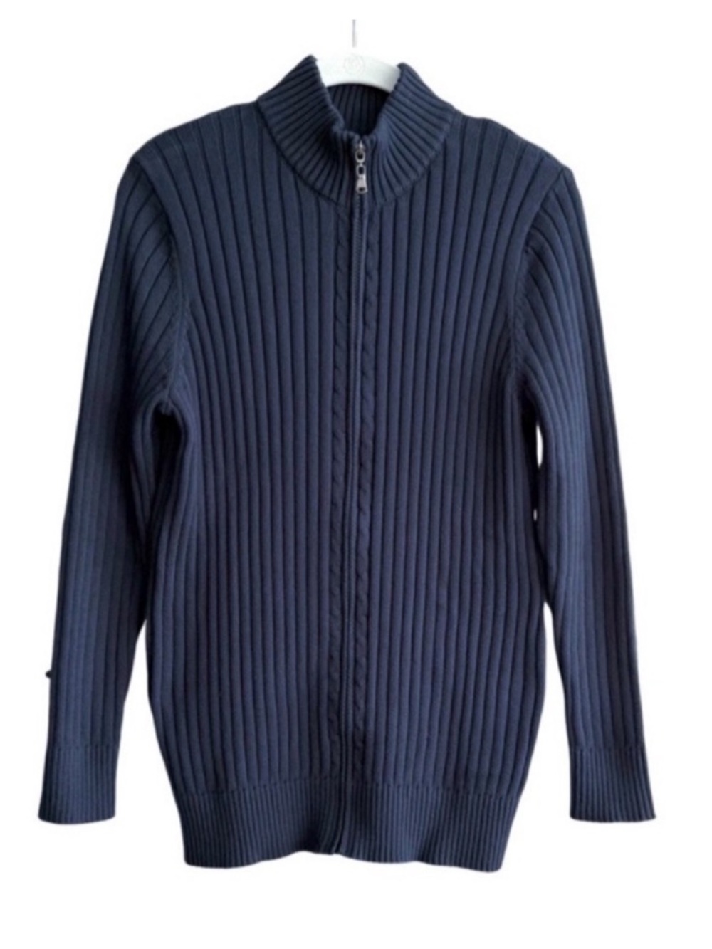 Mens Zip Up Cardigan Sweater Rib Knit 100% Cotton Mock Neck Dark Blue Size S